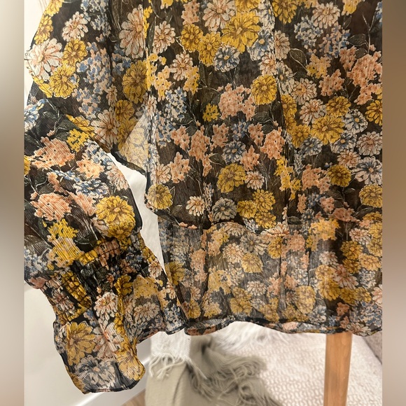 Zara Basic Sheer Floral Ruffle Blouse Size S Mustard Boho - Picture 4 of 6